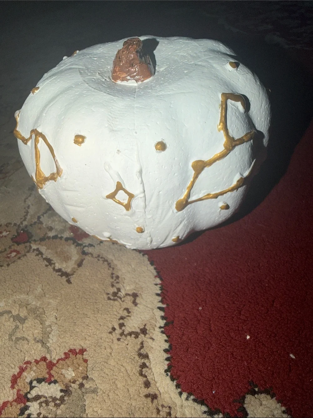 Hand-Painted White Decorative Pumpkin with Gold Accents